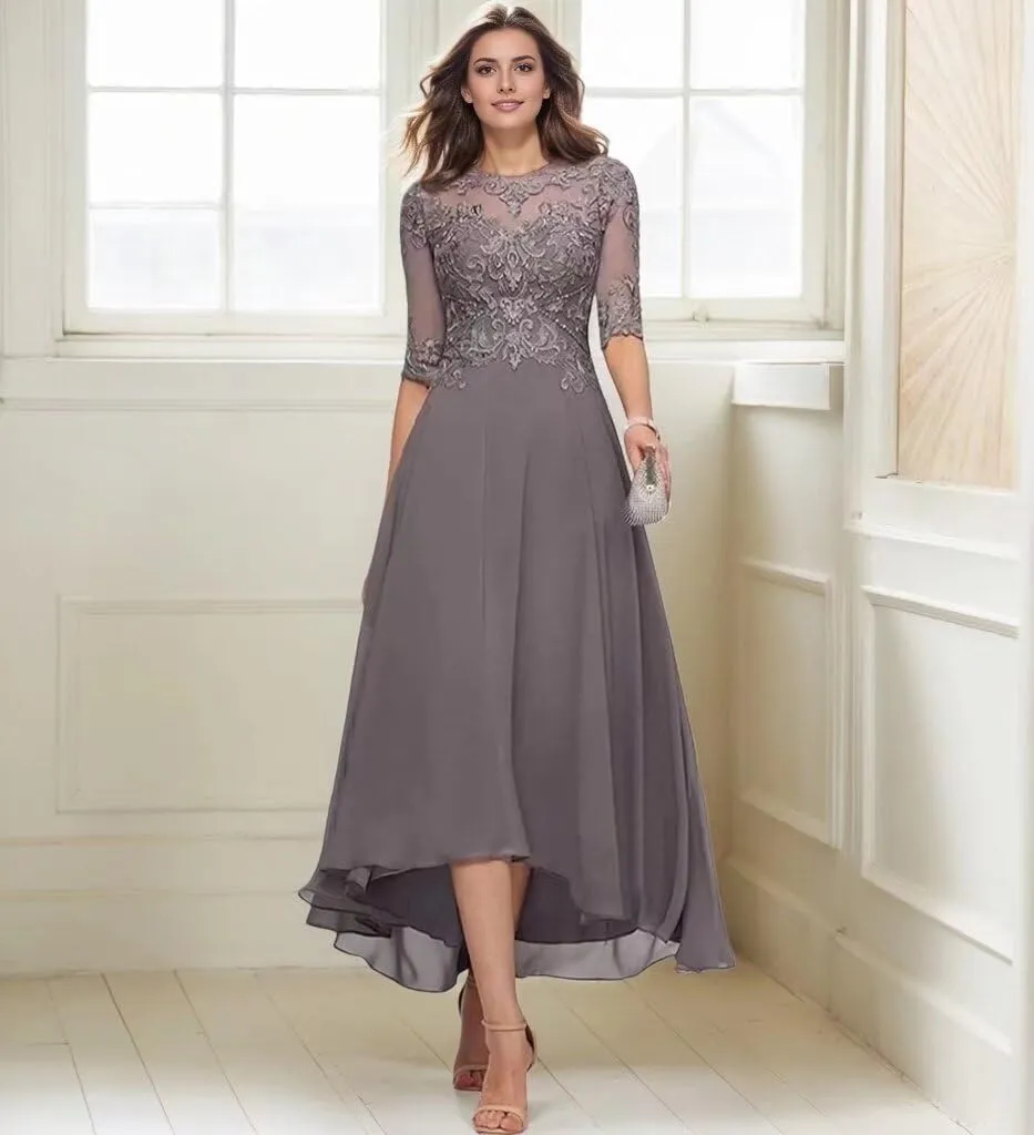 Mother of The Bride Dresses for Wedding 1/2 Sleeves High Low Chiffon Scoop Neck Formal Evening Dresses