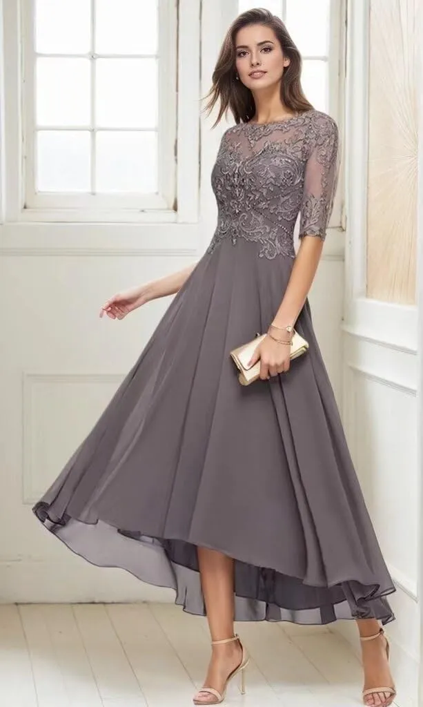 Mother of The Bride Dresses for Wedding 1/2 Sleeves High Low Chiffon Scoop Neck Formal Evening Dresses