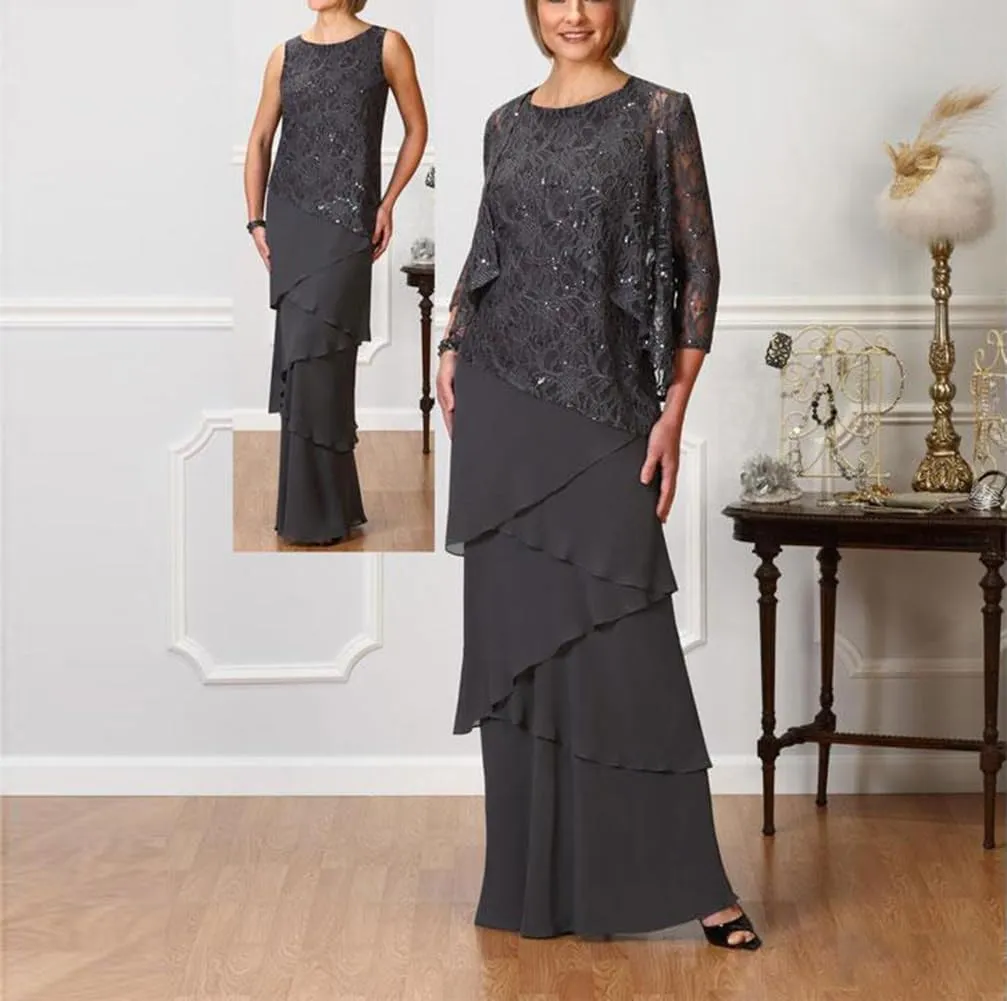 Mother of The Bride Dresses for Wedding Long Evening Formal Dresses Lace Wedding Guest Groom Dress with Jacket Sequin