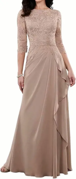 Mother of The Bride Dresses Long Evening Formal Dress 3/4 Sleeve Lace Applique Ruffles