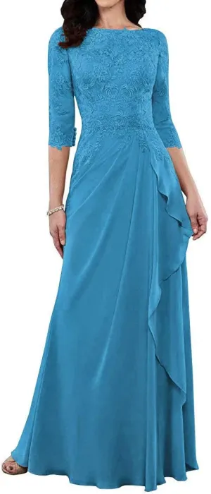 Mother of The Bride Dresses Long Evening Formal Dress 3/4 Sleeve Lace Applique Ruffles