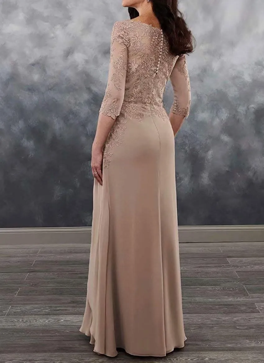 Mother of The Bride Dresses Long Evening Formal Dress 3/4 Sleeve Lace Applique Ruffles
