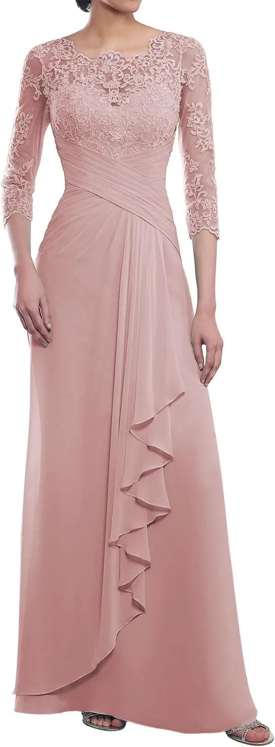 Mother of The Bride Dresses Long Evening Formal Dress Lace Appliques Opaque 3/4 Sleeve Ruffles Wedding Guest Women's