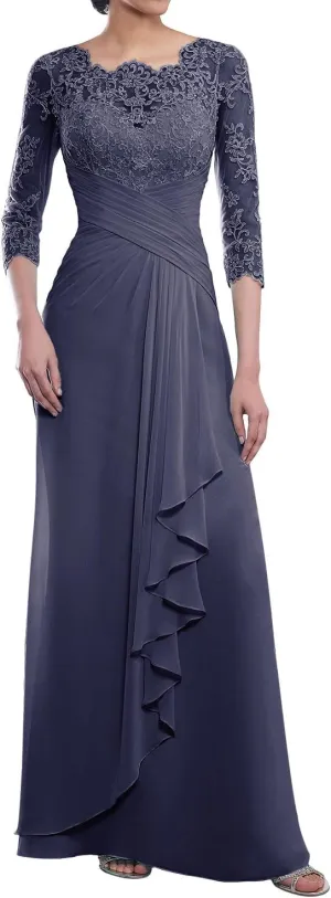 Mother of The Bride Dresses Long Evening Formal Dress Lace Appliques Opaque 3/4 Sleeve Ruffles Wedding Guest Women's