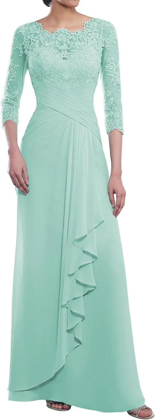 Mother of The Bride Dresses Long Evening Formal Dress Lace Appliques Opaque 3/4 Sleeve Ruffles Wedding Guest Women's
