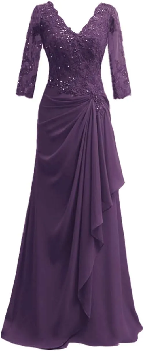 Mother of The Bride Dresses Long Evening Formal Dress V Neck Wedding Guest Dresses for Women Ruffle Lace Applique Beaded
