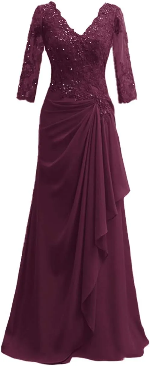 Mother of The Bride Dresses Long Evening Formal Dress V Neck Wedding Guest Dresses for Women Ruffle Lace Applique Beaded