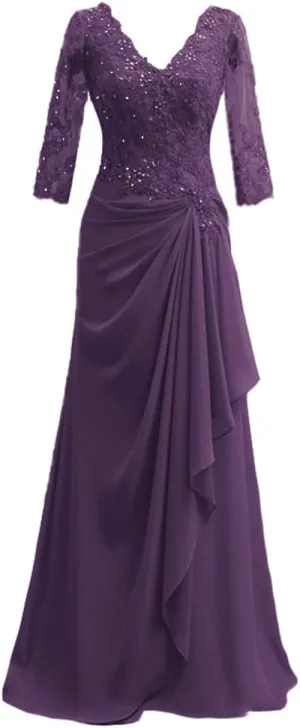 Mother of The Bride Dresses Long Evening Formal Dress V Neck Wedding Guest Dresses for Women Ruffle Lace Applique Beaded