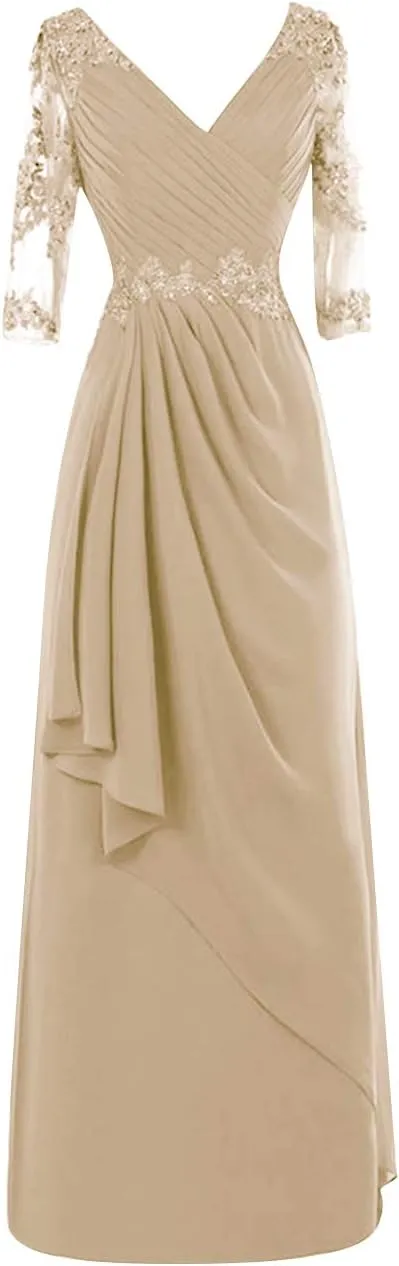 Mother of The Bride Dresses Long Evening Formal Gowns Lace Applique Wedding Guest Groom Beaded Ruffles 3/4 Sleeve Women