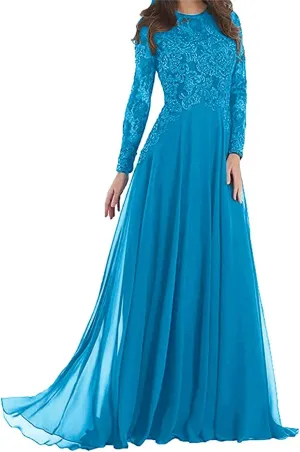 Mother of The Bride Dresses Long Evening Formal Gowns Long Sleeve Lace Applique Beaded for Women