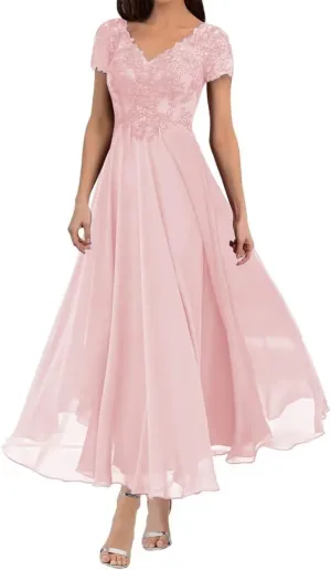 Mother of The Bride Dresses Tea Length Lace Appliques Chiffon Short Sleeve V Neck Formal Evening Dresses for Women