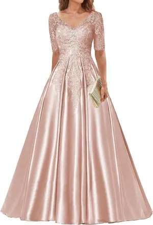 Mother of The Bride Dresses V Neck Evening Formal Dresses for Wedding Guest Groom Gowns Lace Applique with Sleeves Women