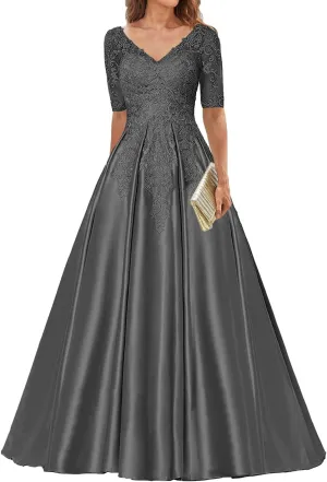 Mother of The Bride Dresses V Neck Evening Formal Dresses for Wedding Guest Groom Gowns Lace Applique with Sleeves Women