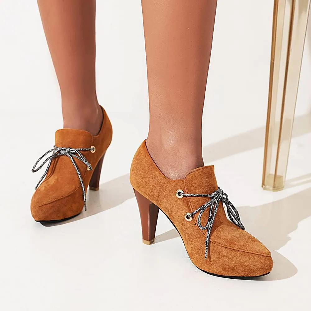 MRKEWUNEY Womens Chunky High Heels Mary Janes Lace Up