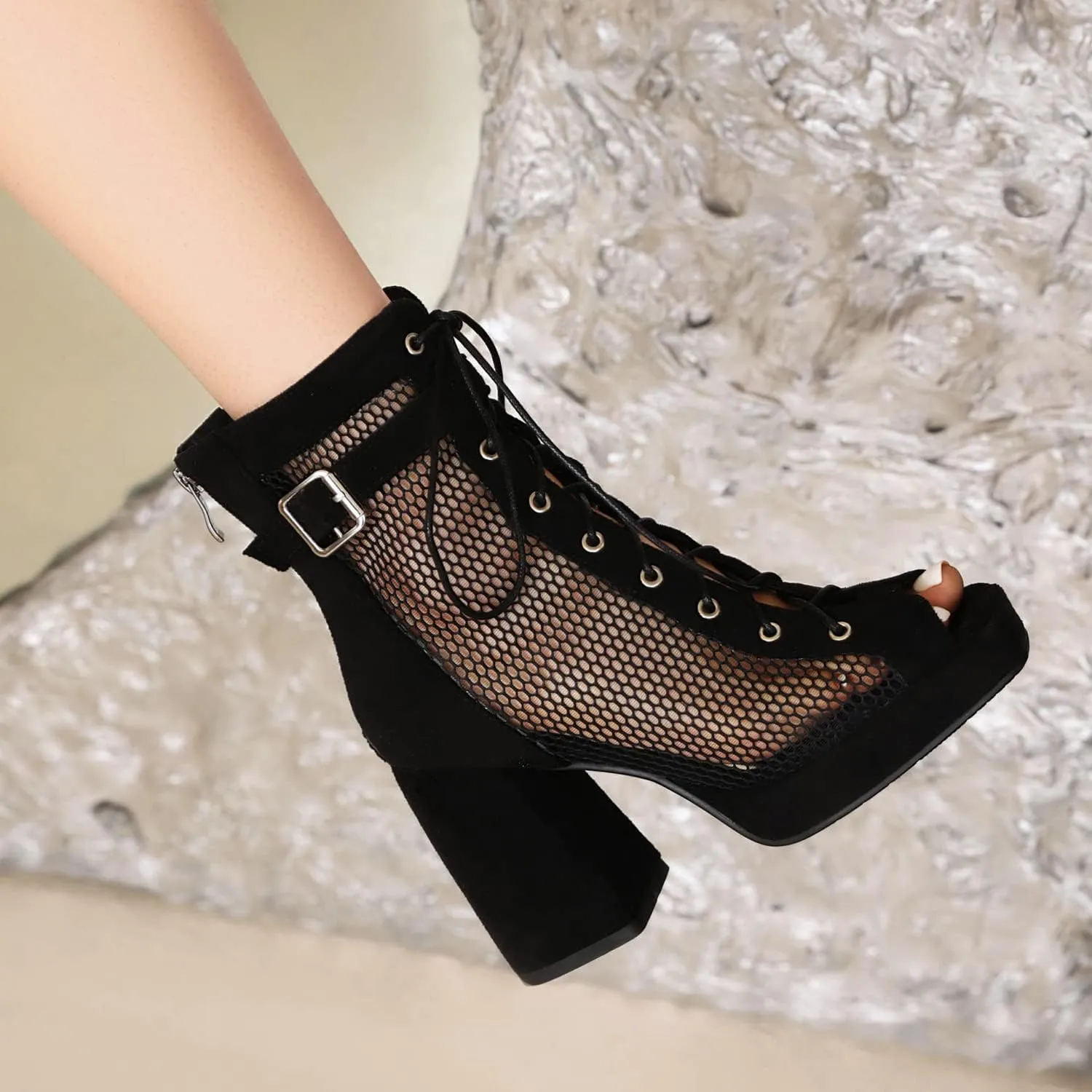 MRKEWUNEY Womens Gladiator Booties Lace Up Block Heels Booties Peep Toe Ankle Boots