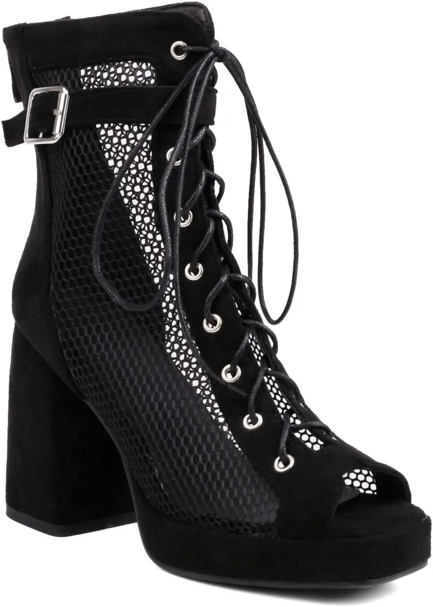 MRKEWUNEY Womens Gladiator Booties Lace Up Block Heels Booties Peep Toe Ankle Boots