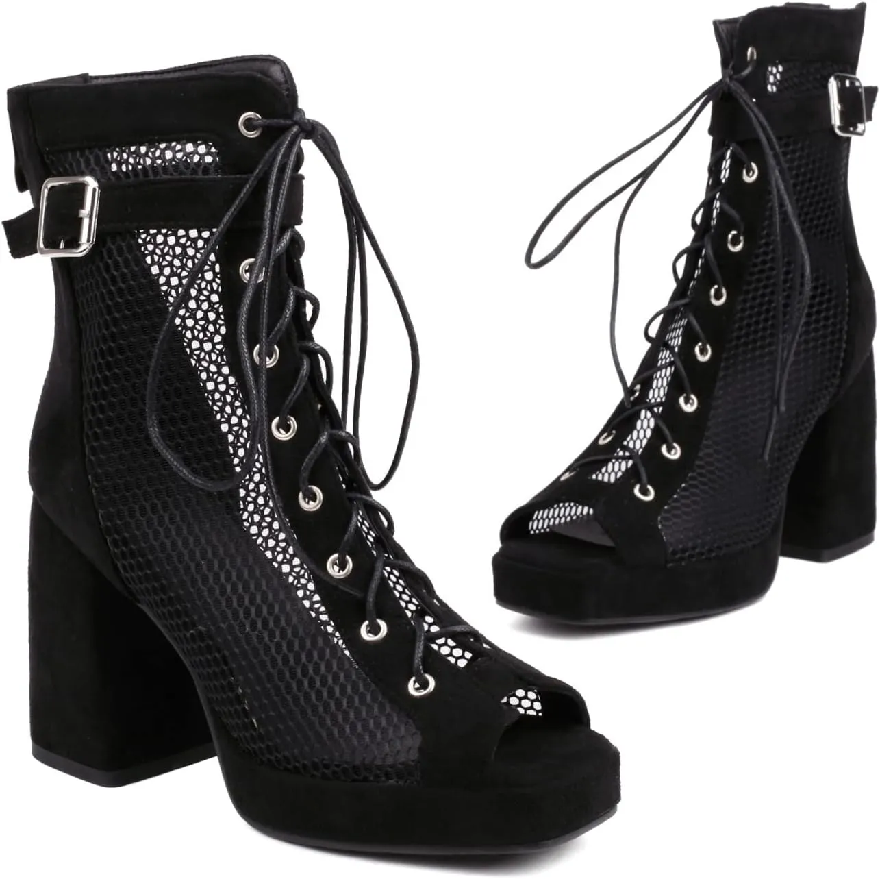 MRKEWUNEY Womens Gladiator Booties Lace Up Block Heels Booties Peep Toe Ankle Boots