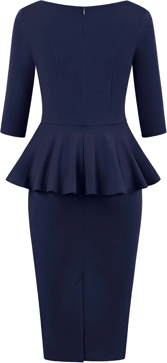 MUXXN Women's 50s Vintage Bodycon 3/4 Sleeve Midi Peplum Business Formal Work Pencil Dresses