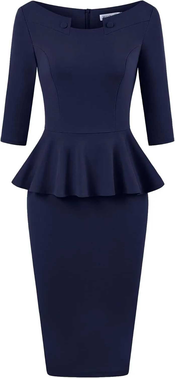 MUXXN Women's 50s Vintage Bodycon 3/4 Sleeve Midi Peplum Business Formal Work Pencil Dresses
