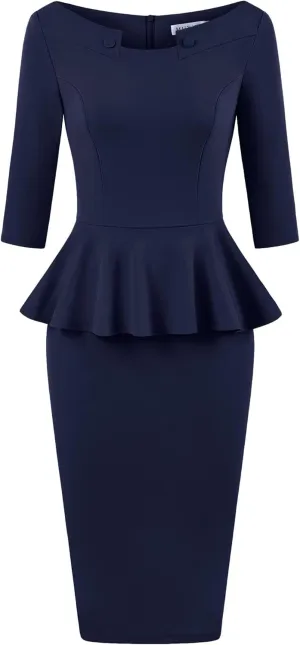 MUXXN Women's 50s Vintage Bodycon 3/4 Sleeve Midi Peplum Business Formal Work Pencil Dresses