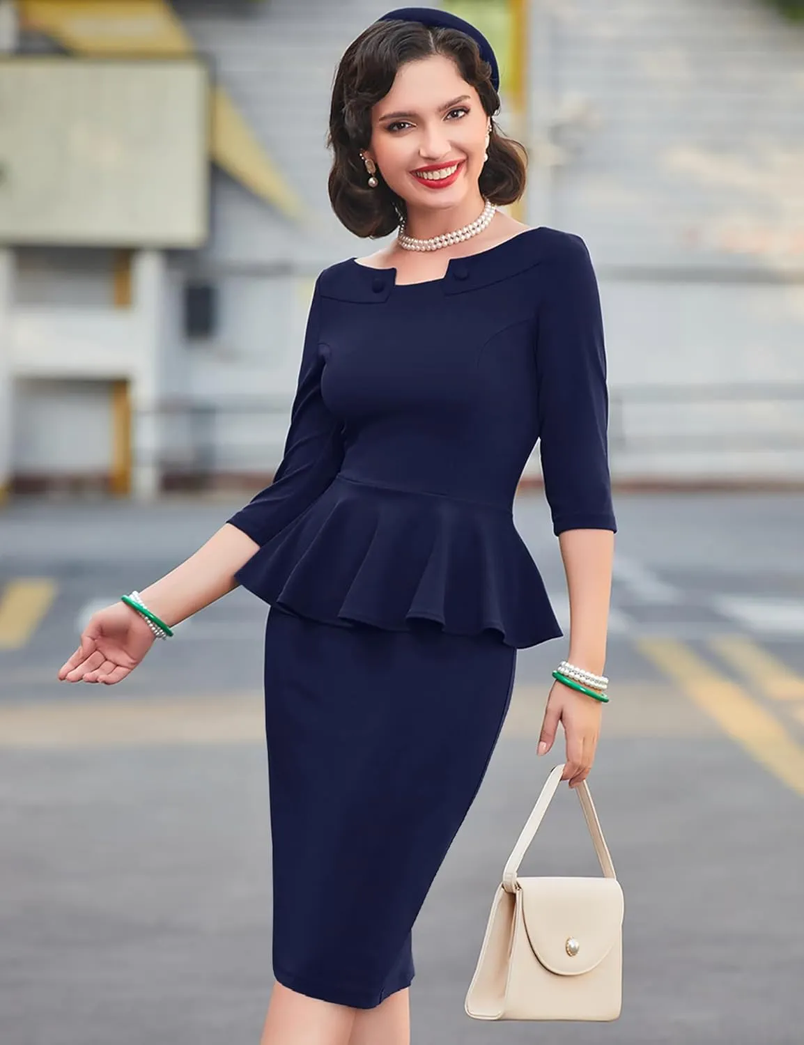MUXXN Women's 50s Vintage Bodycon 3/4 Sleeve Midi Peplum Business Formal Work Pencil Dresses