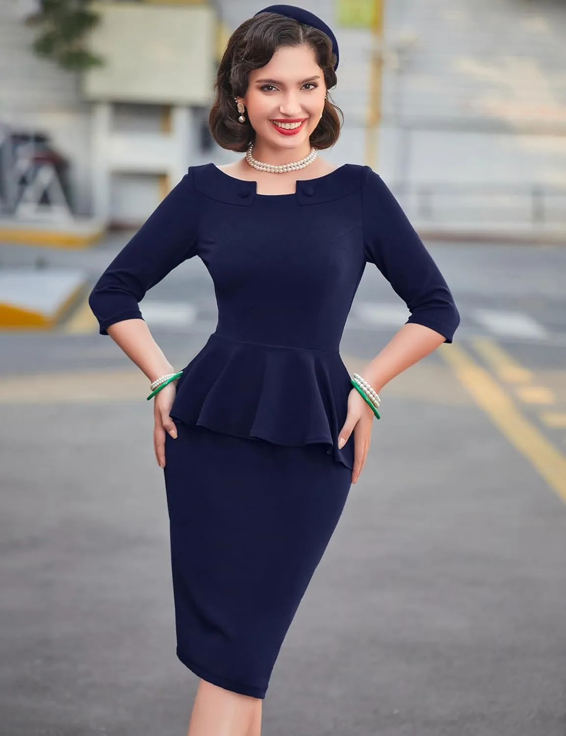MUXXN Women's 50s Vintage Bodycon 3/4 Sleeve Midi Peplum Business Formal Work Pencil Dresses