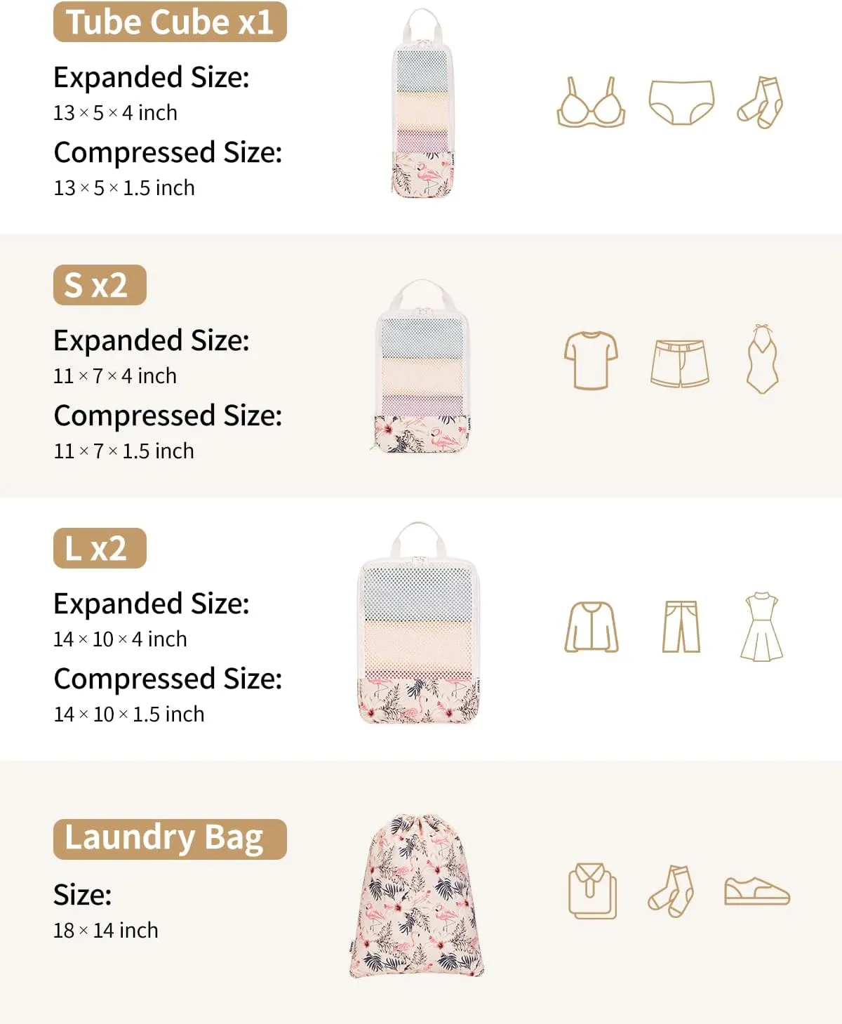 Narwey 6 Set Compression Packing Cubes Travel for Carry on Women, Packing Organizers Bag for Backpack Luggage Suitcase Duffle Bags (Beige Flamingo)