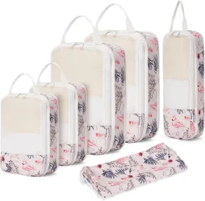 Narwey 6 Set Compression Packing Cubes Travel for Carry on Women, Packing Organizers Bag for Backpack Luggage Suitcase Duffle Bags (Beige Flamingo)