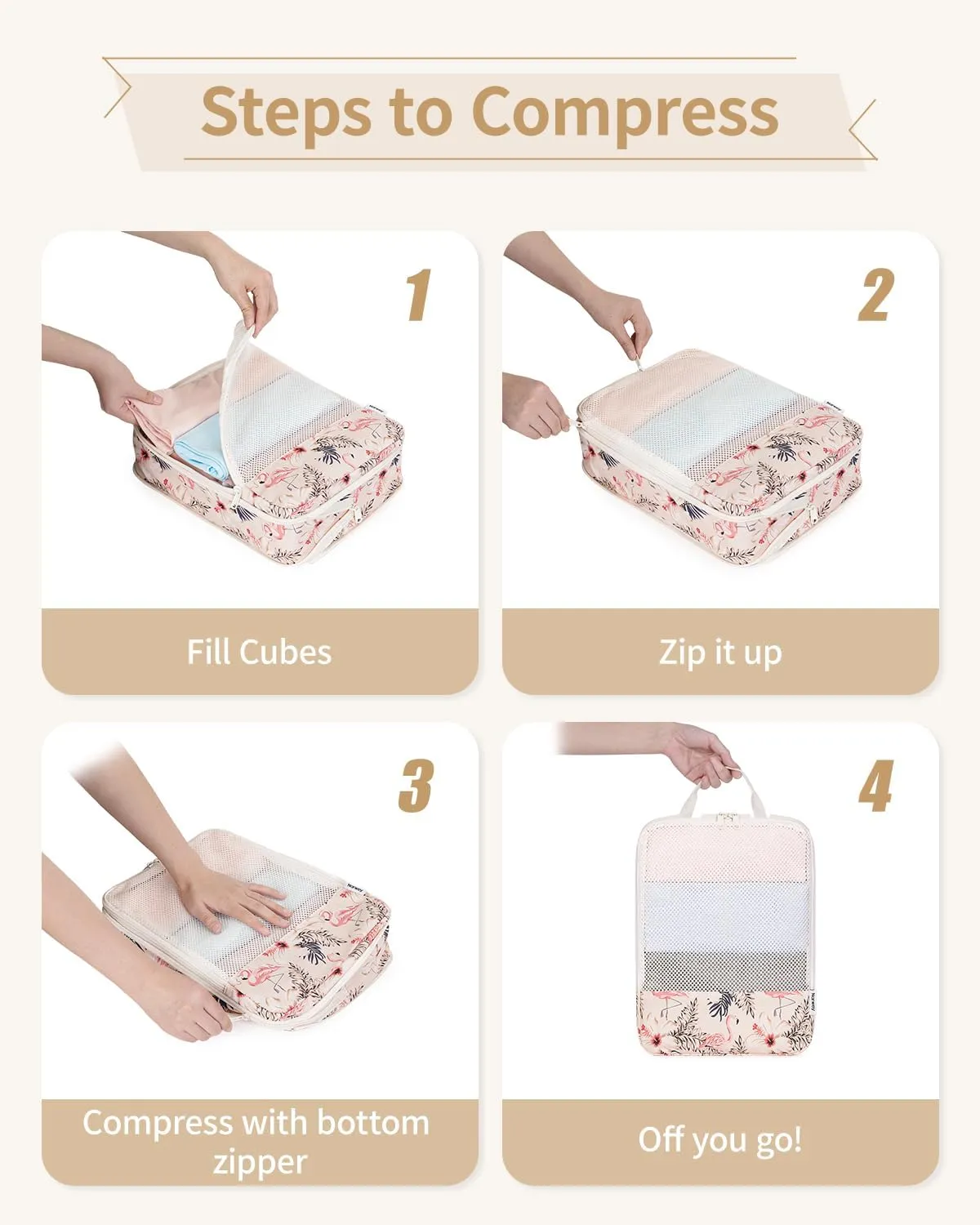 Narwey 6 Set Compression Packing Cubes Travel for Carry on Women, Packing Organizers Bag for Backpack Luggage Suitcase Duffle Bags (Beige Flamingo)
