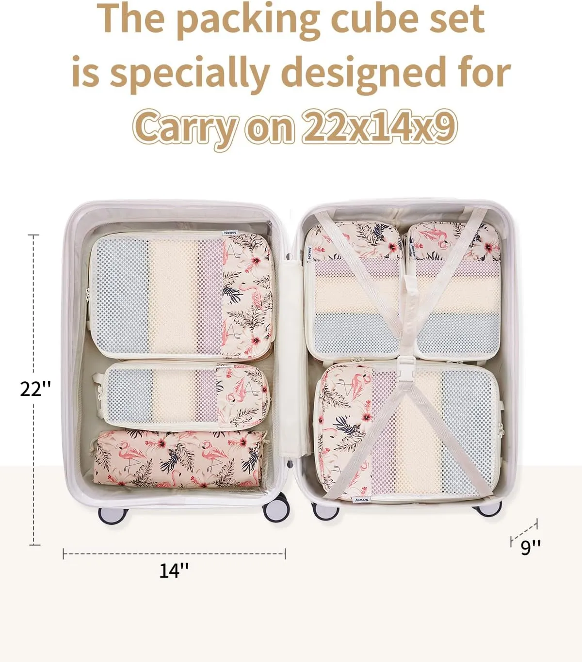 Narwey 6 Set Compression Packing Cubes Travel for Carry on Women, Packing Organizers Bag for Backpack Luggage Suitcase Duffle Bags (Beige Flamingo)