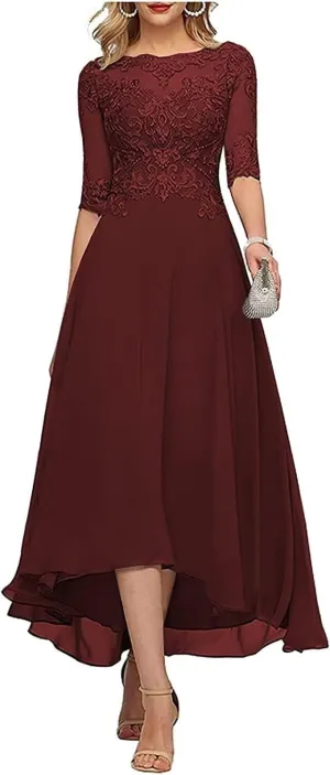 New Lace Appliques Mother of The Bride Dresses for Wedding 3/4 Sleeve Tea Length Beaded Formal Evening Prom Dress