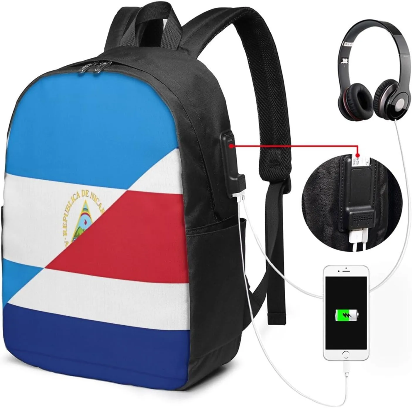 Nicaragua Costa Rica Flag Laptop Backpacks Travel Backpack Casual Business Daypack Sport Rucksack Computer Bag Fits up to 17 Inch Notebook with USB Port