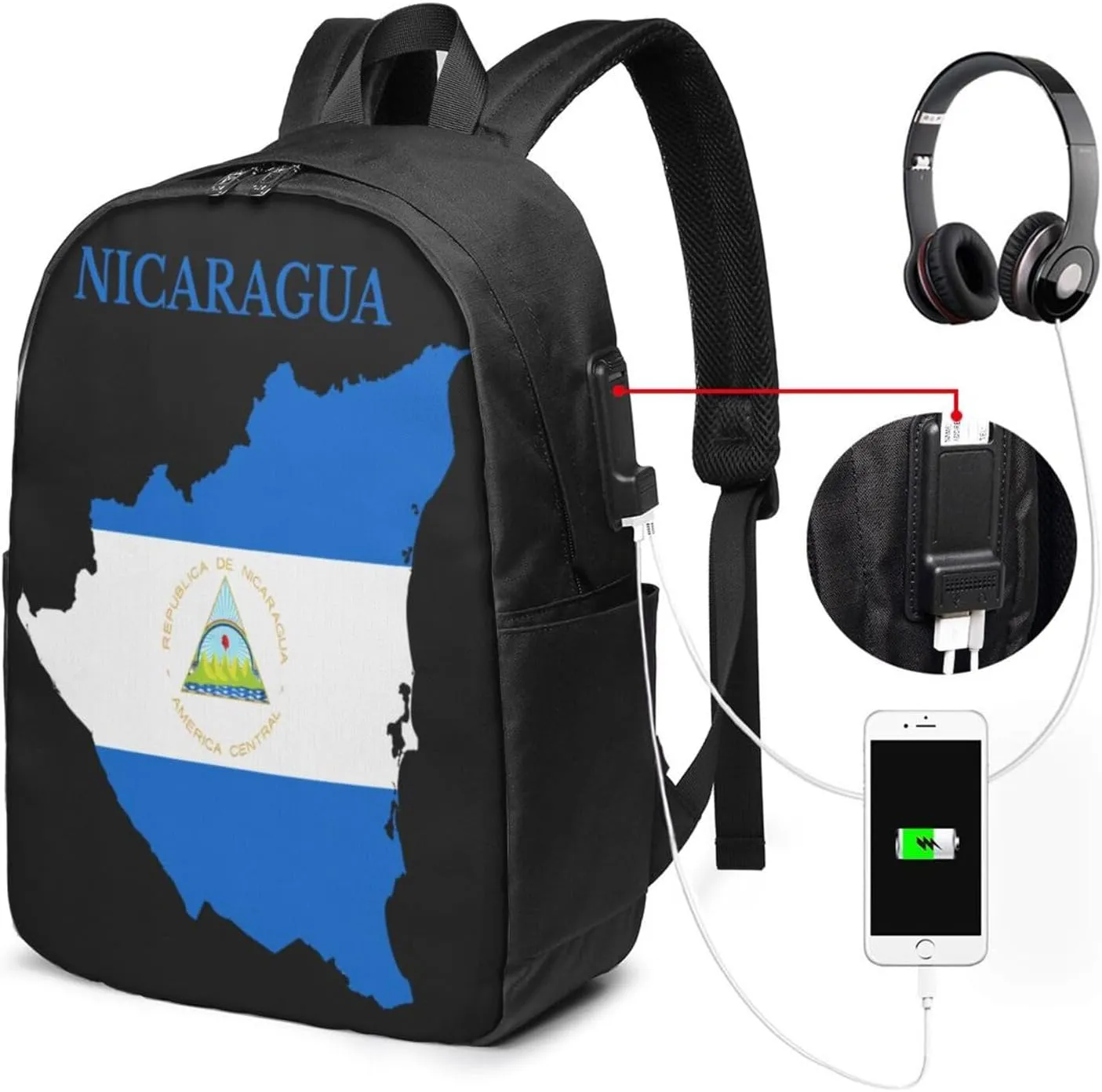 Nicaragua Map Flag Laptop Backpacks Travel Backpack Casual Business Daypack Sport Rucksack Computer Bag Fits up to 17 Inch Notebook with USB Port