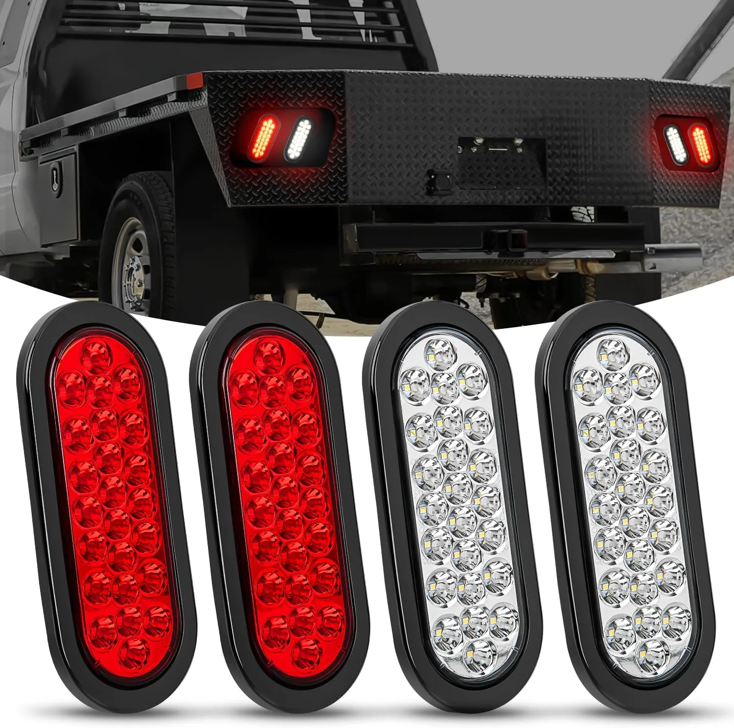 Nilight 6Inch Oval Trailer Tail Light 4PCS White Red 24LED Brake Turn Signal Reverse Lights w/Flush Mount Grommets Plugs IP67 Waterproof for 12V Truck ATV UTV Bus RV Camper