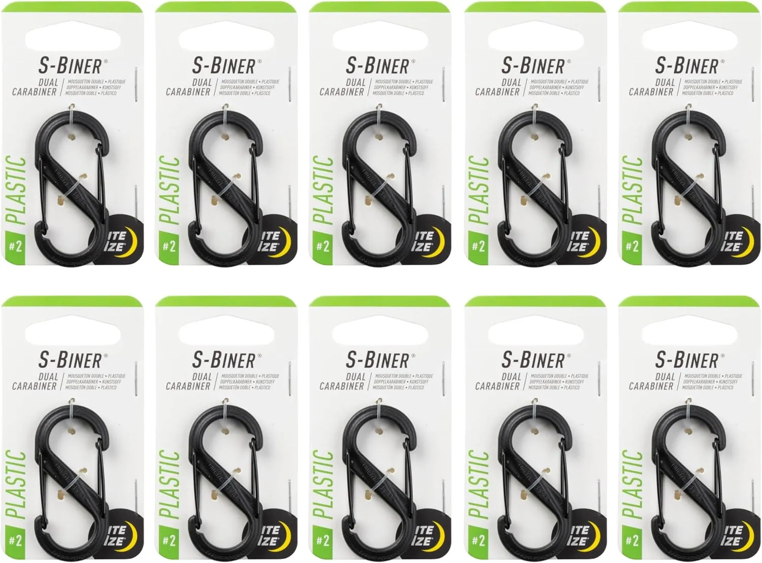Nite Ize S-Biner Plastic Dual Carabiner - Durable Dual Carabiner with Wire Gate Closure for Organizing Keys & Keychain Attachments - Size 2, Black (10 Pack)