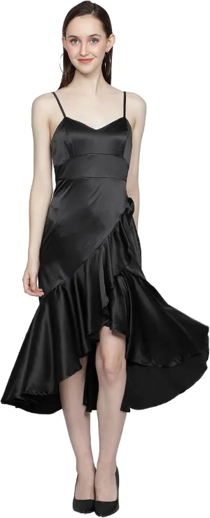 NUEVOSDAMAS Women's Satin Lycra Solid Frill Midi Dress, Cocktail Party Dresses, Sleeveless Cocktail midi Dresses