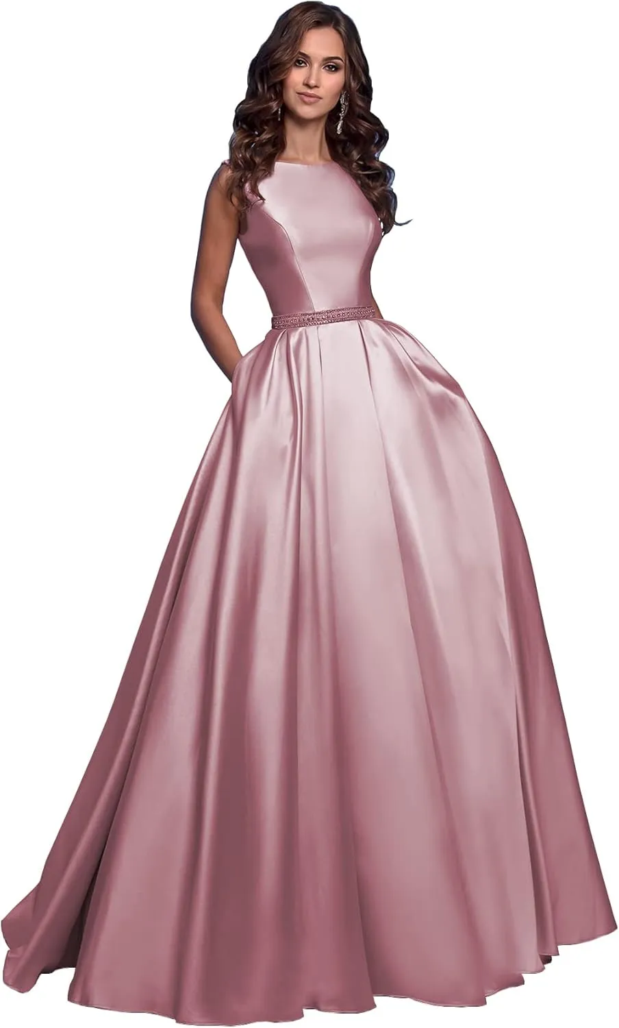 OFEECHUN Women's A Line Satin Prom Dresses Long Ball Gown Ruched Beaded Evening Formal Party Dress with Pockets