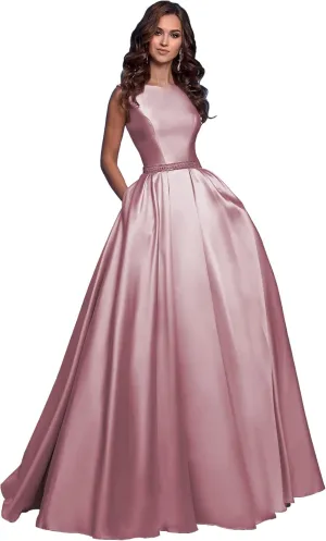 OFEECHUN Women's A Line Satin Prom Dresses Long Ball Gown Ruched Beaded Evening Formal Party Dress with Pockets