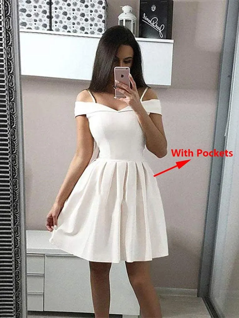 OFEECHUN Women's Off The Shoulder Satin Homecoming Dresses Short A Line Cocktail Prom Party Gowns with Pockets
