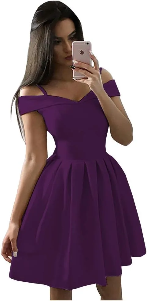 OFEECHUN Women's Off The Shoulder Satin Homecoming Dresses Short A Line Cocktail Prom Party Gowns with Pockets
