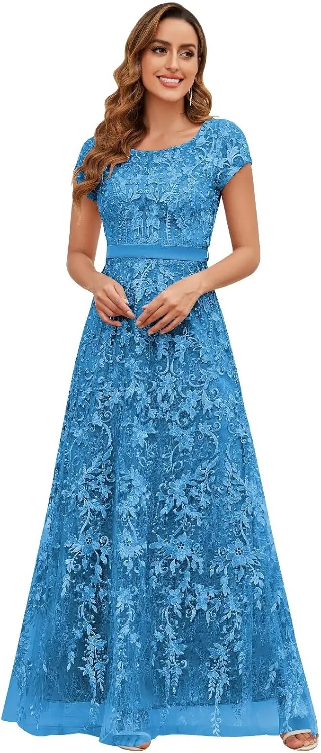 OFEYCHUN Cap Sleeve Mother of The Bride Dresses for Women Lace Applique Formal Wedding Guest Dress