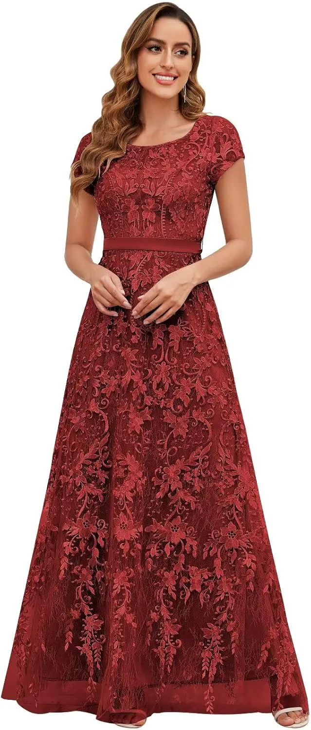 OFEYCHUN Cap Sleeve Mother of The Bride Dresses for Women Lace Applique Formal Wedding Guest Dress