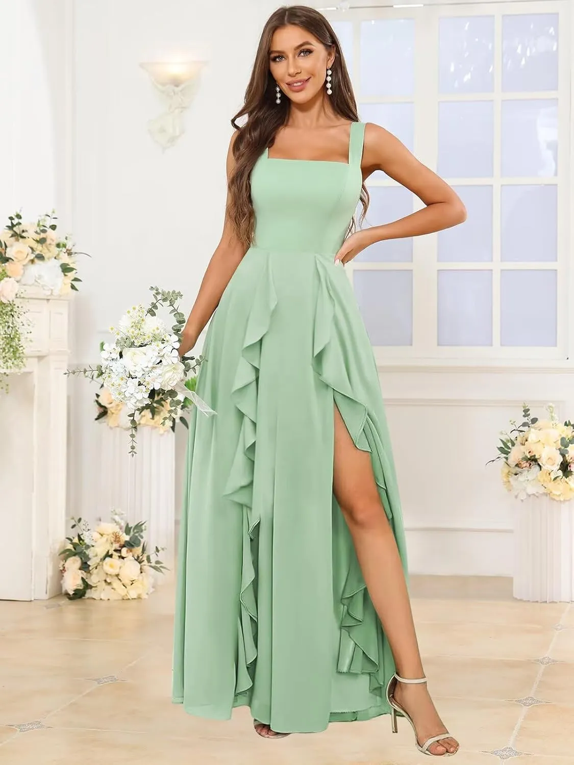 OFEYCHUN Ruffle Bridesmaid Dresses for Women Long Chiffon Square Neck Formal Evening Dress