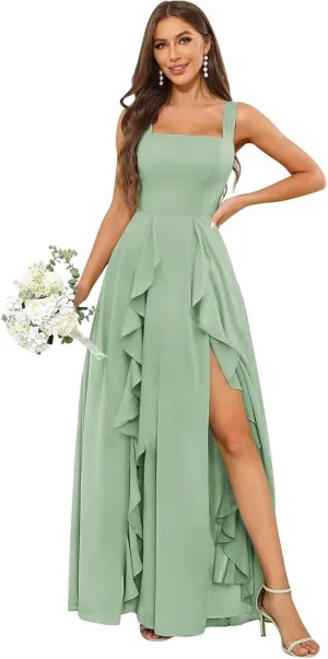 OFEYCHUN Ruffle Bridesmaid Dresses for Women Long Chiffon Square Neck Formal Evening Dress