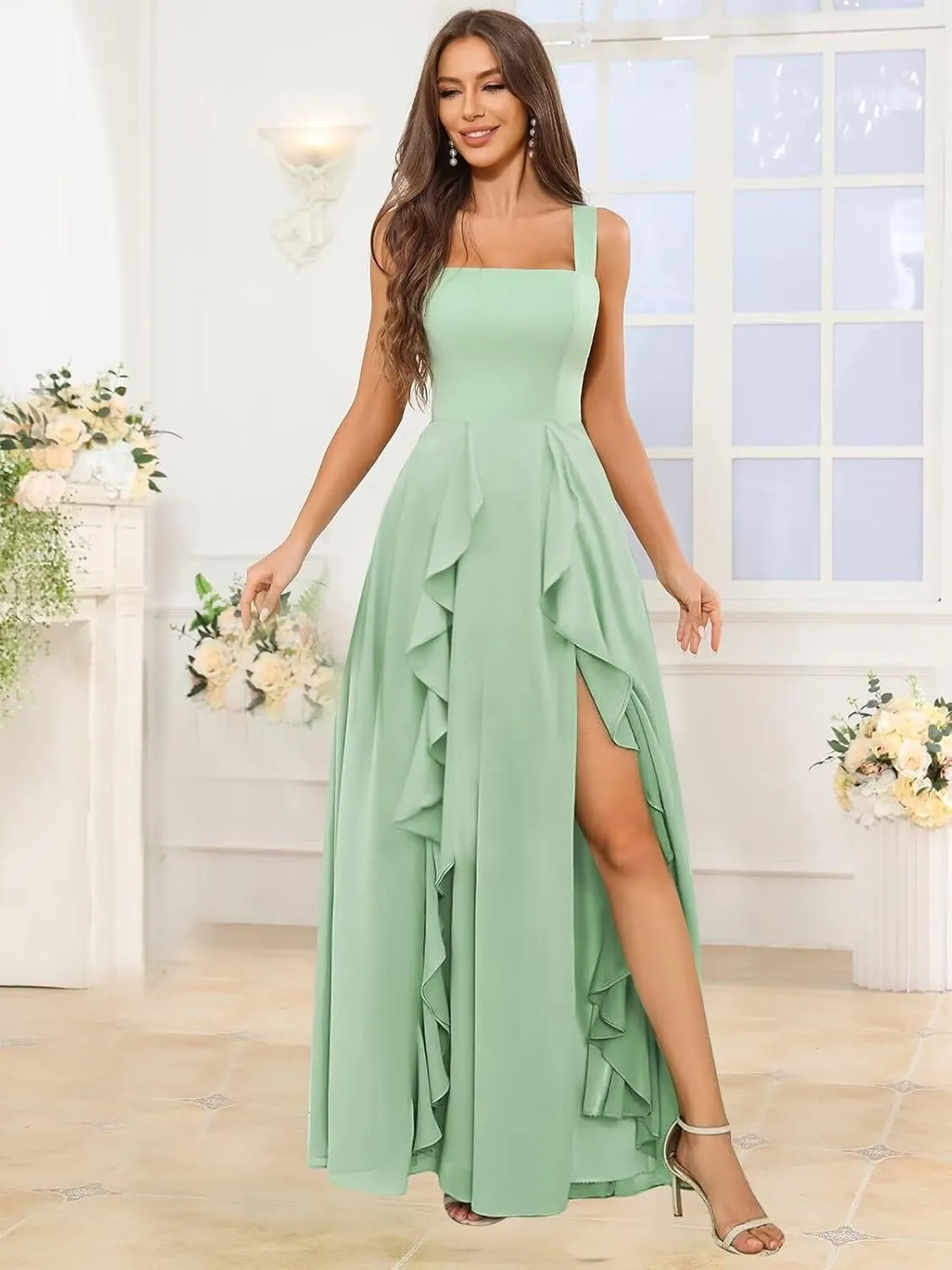 OFEYCHUN Ruffle Bridesmaid Dresses for Women Long Chiffon Square Neck Formal Evening Dress