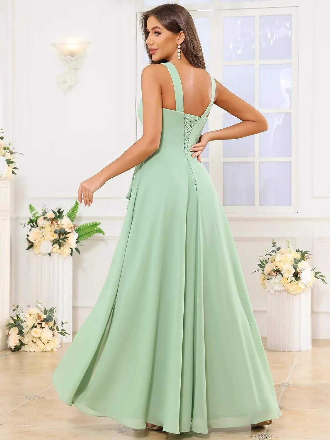 OFEYCHUN Ruffle Bridesmaid Dresses for Women Long Chiffon Square Neck Formal Evening Dress