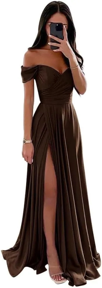 Off Shoulder Bridesmaid Dresses Satin a line Long Gowns for Women Formal with Pocket