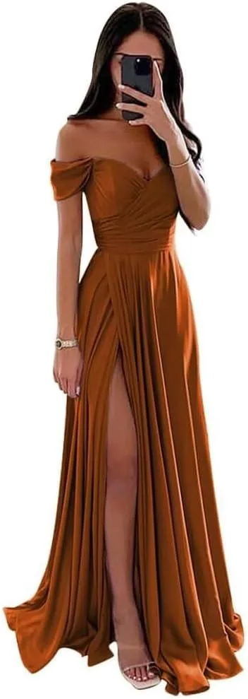 Off Shoulder Bridesmaid Dresses Satin a line Long Gowns for Women Formal with Pocket