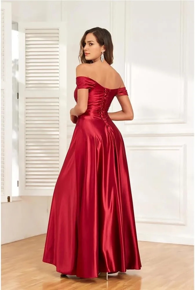 Off Shoulder Bridesmaid Dresses Satin a line Long Gowns for Women Formal with Pocket