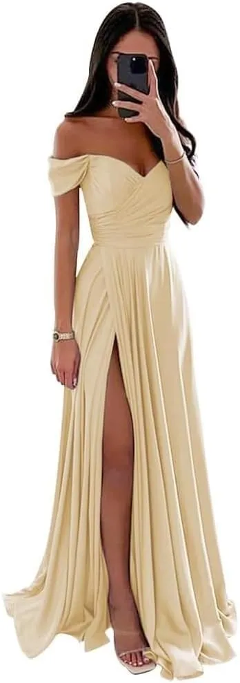 Off Shoulder Bridesmaid Dresses Satin a line Long Gowns for Women Formal with Pocket